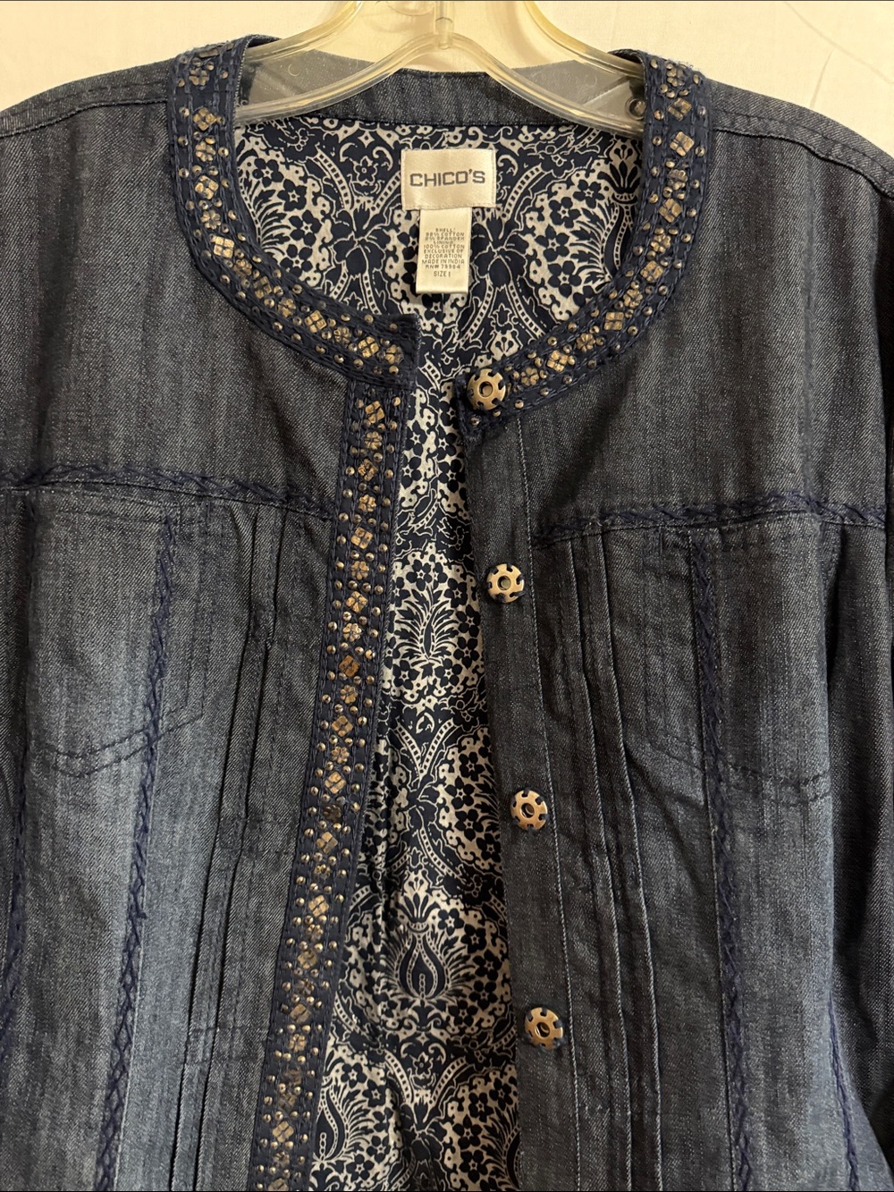 Chico's Indigo Denim Jacket with Beaded Trim